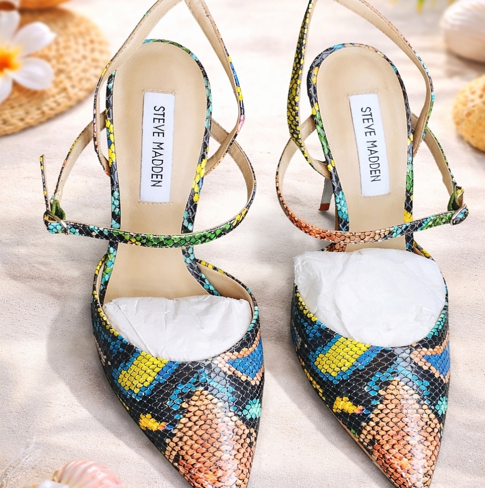 Steve Madden Multicolor Snake-Print Strappy Pointed-Toe Heels